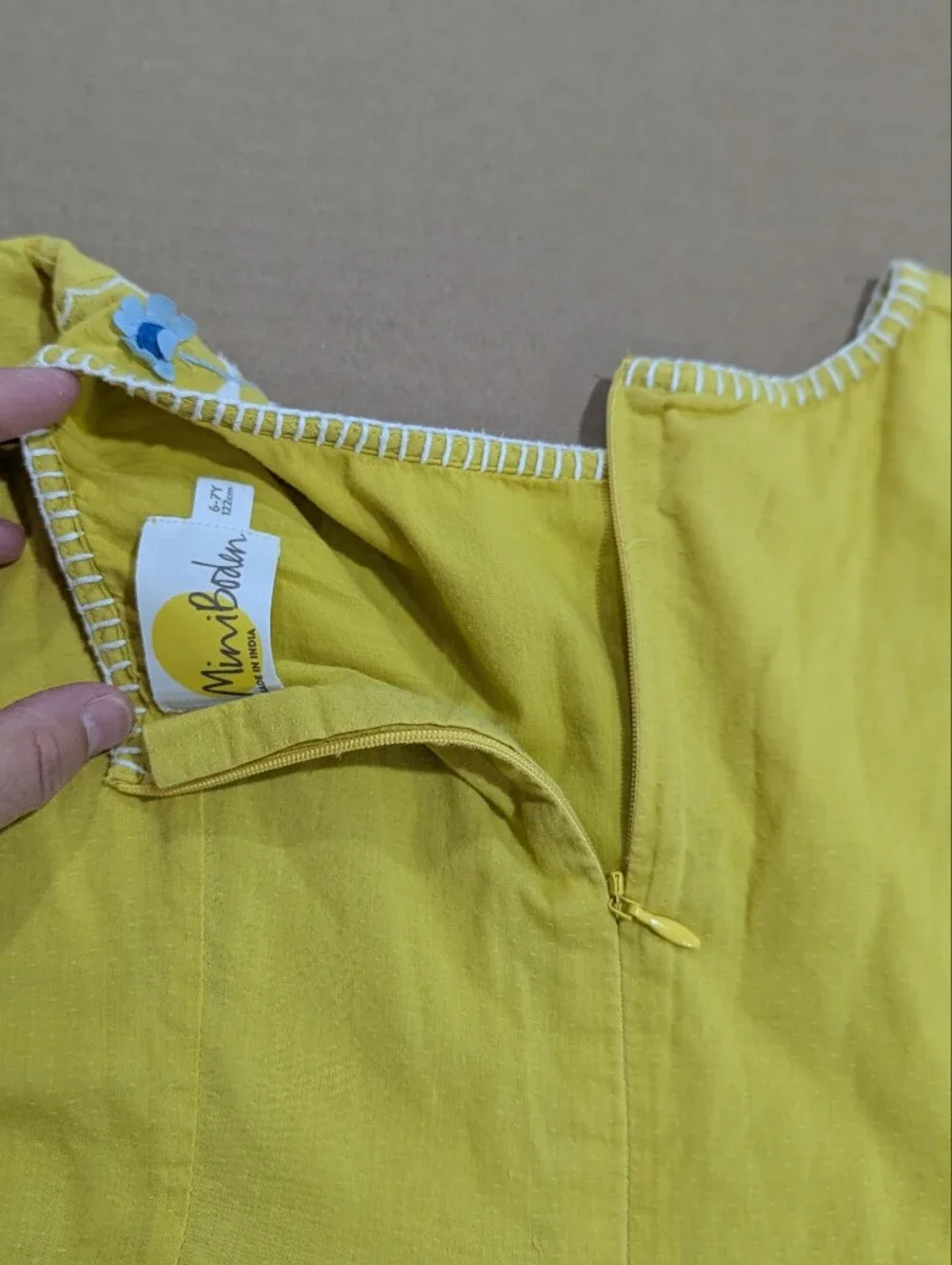 Mini Boden Girls Dress Golden Yellow Blue Flowers White Embroidery Sz 6-7Y 122cm
